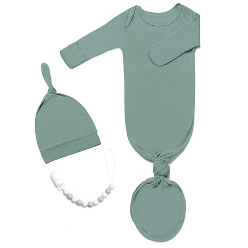 Image of Knotted Gown Baby Newborn Coming Home Outfit Boy Girl, Soft Modal Infant Sleeper 0-3 Months, Hospital Nightgown Set