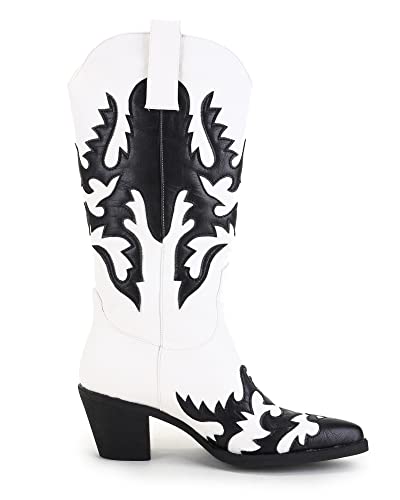 ANN CREEK Women's 'Claremont' Sexy Cowboy Boots Mid Calf Knee-high Patchwork Dressy Cowgirl Western Woman Chunky Heel Pointed Toe Trendy Knee High Tall Boots3