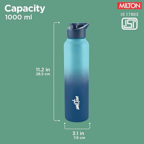 Image of MILTON Torino 1000 Stainless Steel Water Bottle, Leakproof Lid, Single Walled, ISI Certified I For School, Office, Gym I 980 ml, Light Blue & Dark Blue