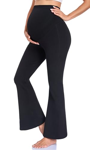 VIERROSS Cotton Maternity Flare Leggings Pregnancy Friendly Clothes Over the Belly Flared Pants for Yoga Casual Work Black L