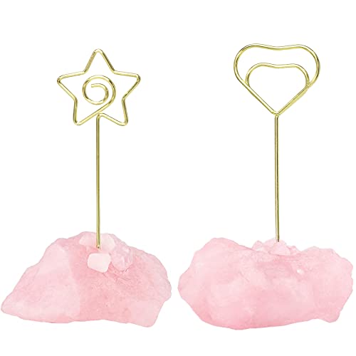 Nupuyai 2pcs Rose Quartz Natural Raw Stone Golden Stand Clip Photo Holders Set