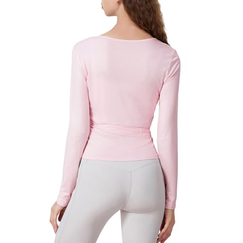 Blusa larga Y2K para mujer, con lazo cruzado, para entrenamiento, yoga, coqueta, Rosa, S