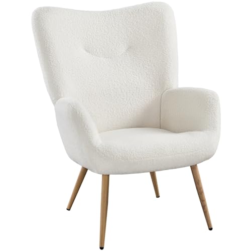 Yaheetech Sillón Tapizado de Boucle de Poliester con Respaldo Ergonómico Silla con Patas de Madera Sillón con Asiento Ancho para Salón Dormitorio Oficina Carga MAX 136KG Color Blanco