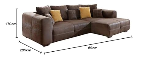 Cavadore Ecksofa Mavericco / Polster Eck-Couch mit Kissen in Antik-Leder-Optik und Holzfüßen / Longchair rechts / 285 x 69 x 170 / Mikrofaser Braun