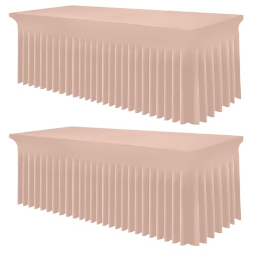 Image of Smiry 2 Pack Spandex Elastic Fitted Table Cloth Skirt for 6FT Table | Stretch Washable Table Cloth, Banquet Table Cover for Wedding, Party, Indoor & Trade Shows, (Nude, 72Lx30Wx30H)