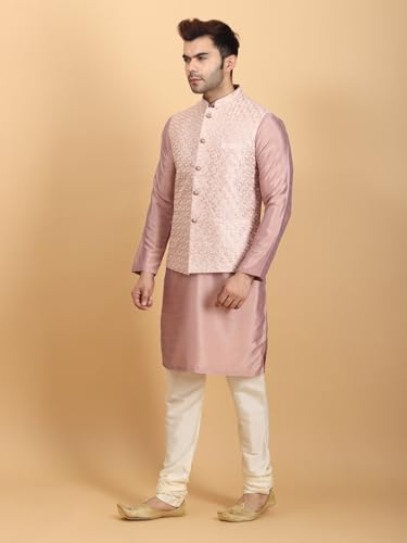 Image of Ethluxis Men Silk Blend Kurta Jacket Set with Mandarin Collar
