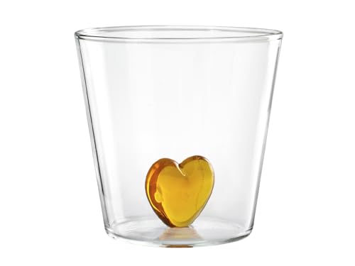 H&H – Set 4 Bicchieri in Vetro Borosilicato Trasparente con Cuore Colorato Interno – Colori Assortiti Casuali – Resistenti, Leggeri e Lavabili in Lavastoviglie