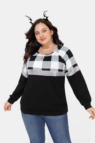 Image of TIYOMI Plus Size Tops for Women Raglan Long Sleeve V Neck T Shirts Casual Color Block Leopard /Floral Tops Winter Tee Shirt