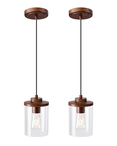 [Prime] 2-Pack EDISHINE Farmhouse Pendant Light w/ Wood Grain Finish & Clear Glass Shade (Walnut) - image 8