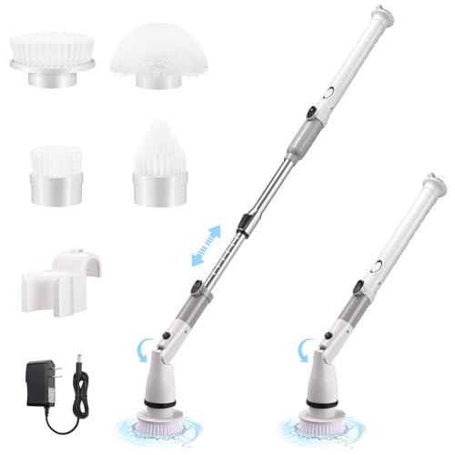 KOSMEGAL Electric Spin Scrubber for Cleaning, Shower Scrubber with Long Handle, Cordless Bathroom Cleaner with Adjustable Arm and 4 Replaceable Brush Heads for Bathtub Tile Floor