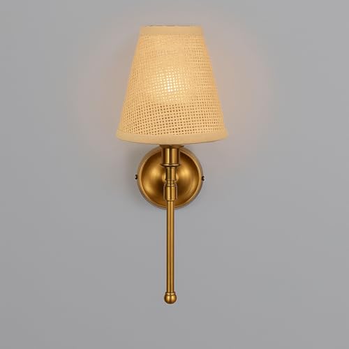 Image of AKWAY Antique Brass Finish Wall Lamps for Living Rooms with Bamboo Shade | Rattan and Cane Wall Light for Bedroom | Wicker Wall scones (Rattan Single Webbing Conical - Alletta)