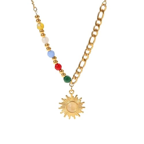 Collier soleil en acier inoxydable doré et pendentif géométrique en pierre naturelle