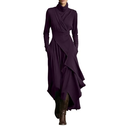 Image of Women's Long Sleeve Knit Asymmetrical Dress Turtleneck Solid Colour Elegant Casual Spring Autumn High Neck Purple Size L