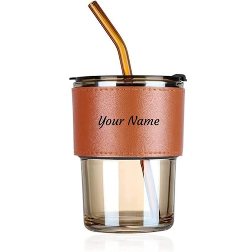 Image of Personalized Glass Tumbler with Straw & Leather Sleeve | Reusable Travel Cup with Lid for Coffee, Juice, Smoothies, Cold Drinks | Leakproof & Eco-Friendly Drinking Glass (Brown, 400ml)