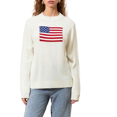 Image of Womens American Flag Sweater Long Sleeve Crew Neck Star Graphic Knit Pullover Tops Casual Loose USA Sweater