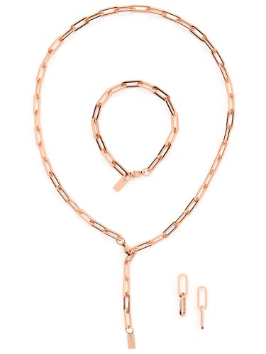 THIORA 'Island Links' Set Roségold Damen | Edelstahl Gliederkette Rosé | Kette Armband Ohrringe Schmuckset