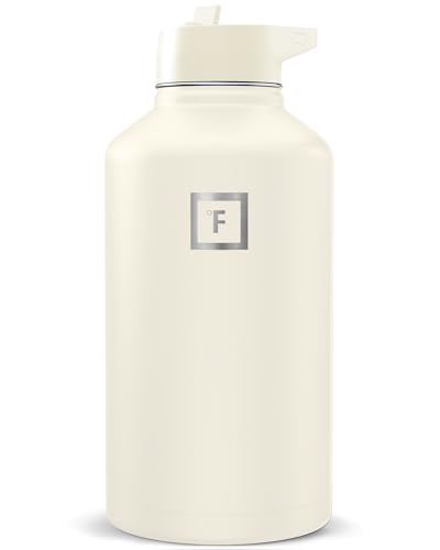 Image of IRON FLASK Camping & Hiking Hydration Flask with Straw, Wide Mouth Insulated Stainless Steel Sports Water Bottle - Cashmere Cream 64 oz - Straw (1 Lid)