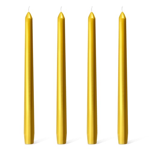 Everymoment Gold Taper Candles - 4 Pack 10 Inch Candlesticks - Dripless & Smokeless for 8 Hours - Unscented Paraffin Wax - Ideal for Wedding Christmas Anniversary New Years Eve & Luxury Decor