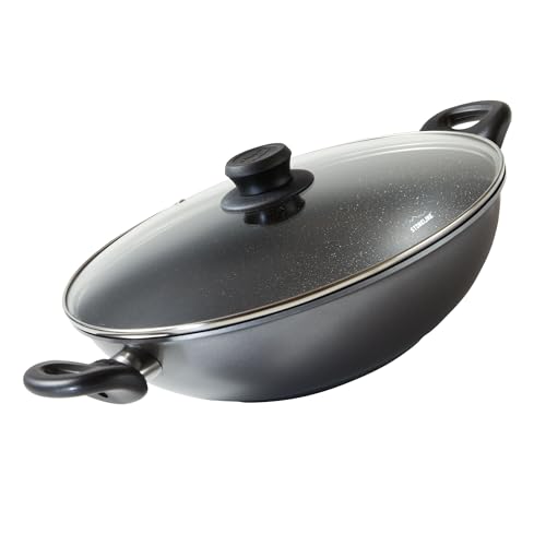 STONELINE Wok 28cm, mit Deckel, Aluguss, Wok Pfanne beschichtet mit echten Steinpartikeln, grau, ohne Fett oder Öl kochen und braten, großer Wok Induktion
