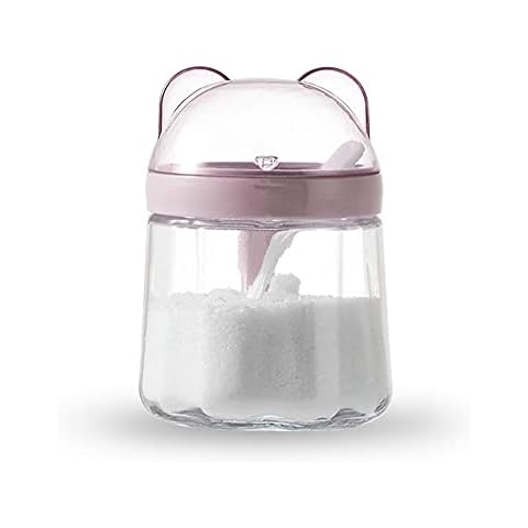 Cute Bear Salt Jar,Glass Storage Canister with Spoon, Animal Small Glass Container Jar Scoop for Spices,Pepper, Condiment Canisters Pots Seasoning Box Sugar Bowl 320ML/10oz Cover