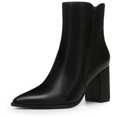 Athlefit Women's Heeled Ankle Boots Fashion Pointed Toe Chunky Block Heel Side Zipper Short Black Leather Boots Size 7 Cover