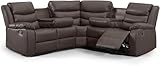 Classic Manual Recliner 5 Seater Leather Corner Sofa - Recliner Sofa with Dropdown Table & Cupholders For Living Room (Brown)