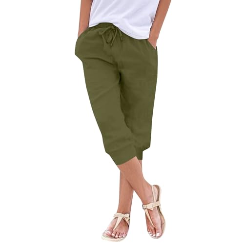 Pantalones cortos de algodón y lino para mujer, estilo vintage, atléticos, para correr, entrenamiento, holgados, para verano, quinto, pantalones deportivos con cordón, verde, XL