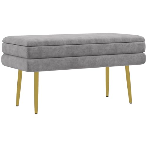 HOMCOM Banc de Rangement, Bout de lit, Coffre de Rangement avec Assise Aspect Velours et Pieds Acier, 79,5 x 37,5 x 43 cm, Gris et doré