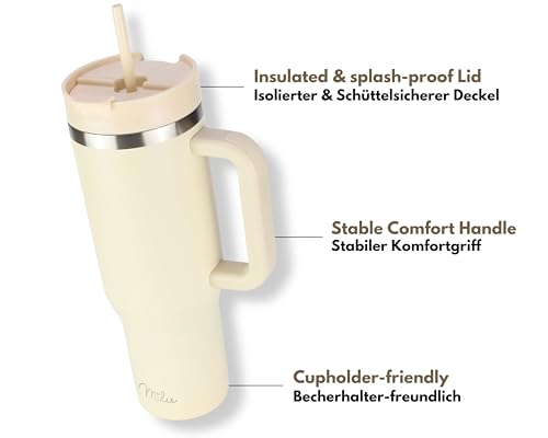 Milu Thermobecher 1200ml mit Strohhalm und Henkel – 48h Eis/24h kalt/12h heiß Edelstahl Tumbler 40oz mit Griff - Isolierbecher to go - Isolierflasche Trinkflasche doppelwandig isoliert (Beige, 1,2L) 2