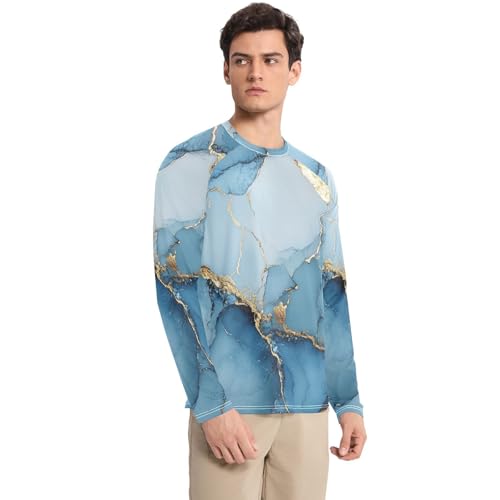 Marble Blue White Men's UPF 50+ Slim fit Round Neck UV Protection Long Sleeve Hiking3