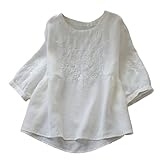 FindThy Women's Floral Embroidery Linen Shirts 3/4 Sleeve Round Neck Babydoll Tops Blouses(0206-White-M)