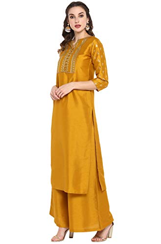 Janasya Indian Women's Mustard Silk Festive Kurta Set for Women3