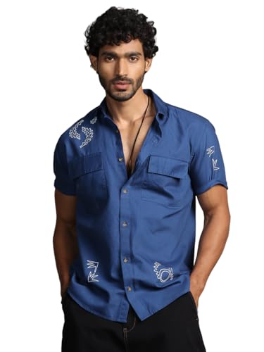 Image of Thomas Scott Men's | Embroidered Printed | Half Sleeve | Regular Fit | 100% Cotton | Double Pocket | Spread Collar | Casual Shirt