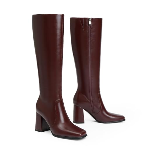 Image of Modatope Knee High Boots Women Chunky Heel Square Toe Fashion Tall Boots | Side Zipper pu Leather Tall Boots,Chunky Heel 70s Gogo Boots,Fashion Heeled Fall Winter Boots,Long Dressy Boots for Women