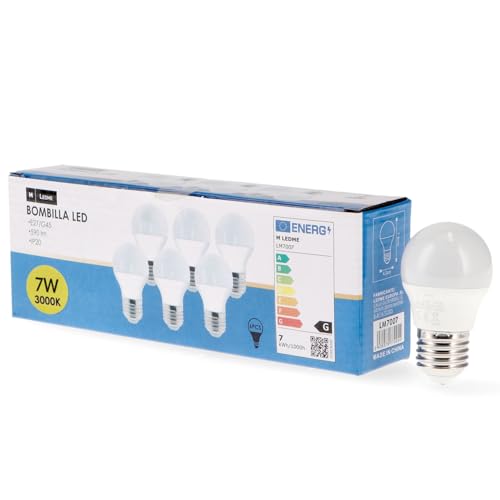 M Ledme   Pack 6, Bombilla Led E27 G45 7W, Luz cálida (3000k), casquillo E27, 630 Lumen, IP20, Apertura del Haz de Luz 200°, Eficiencia energética y Bajo Consumo. LM7606