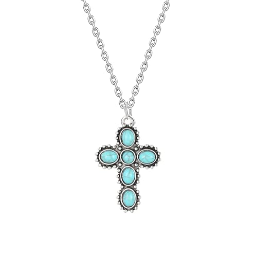 Dreuyet Turquoise Pendant Necklace for Women Natural Turquoise Western Handmade Bohemian Necklace Vintage Cross Horseshoe Navajo Boho Jewelry(Silver Cross)