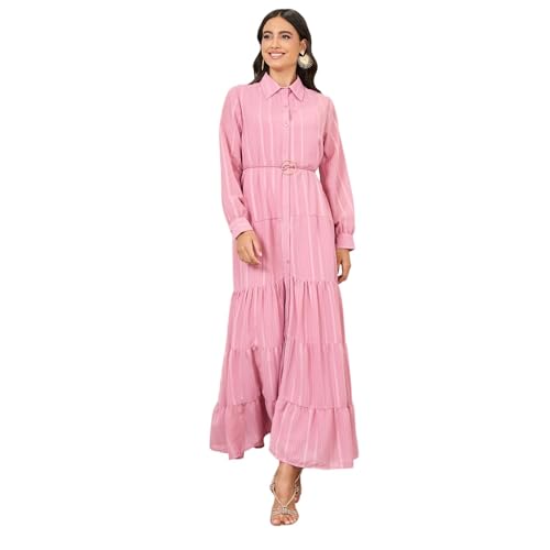 Image of Styli Women'S Striped Tiered Shirt Maxi Dress with Buckle Self Tie Up Dress | Long Cuffed Sleeves | Shirt Collar | Polyester Fabric | Button Closure Pink