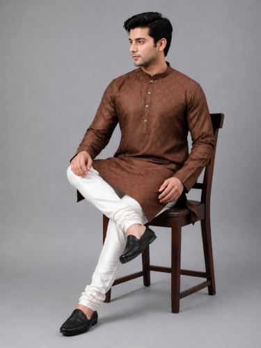 Image of LATEST CHIKAN Men's Silk Chikankari Kurta with Cream Churidar | Festive Set - KP Silk BANARSI