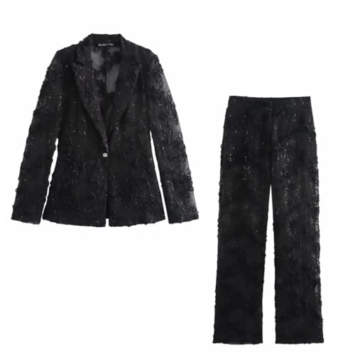 Women Sequin Pants Sets for 2 Pieces Translucent Blazer Coat Suit Elegant Outfit