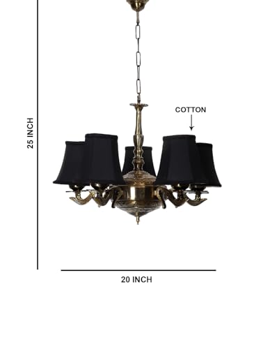 Image of Devansh 05 Lights Black Round Cotton Shade with Antique Golden Chandelier -J