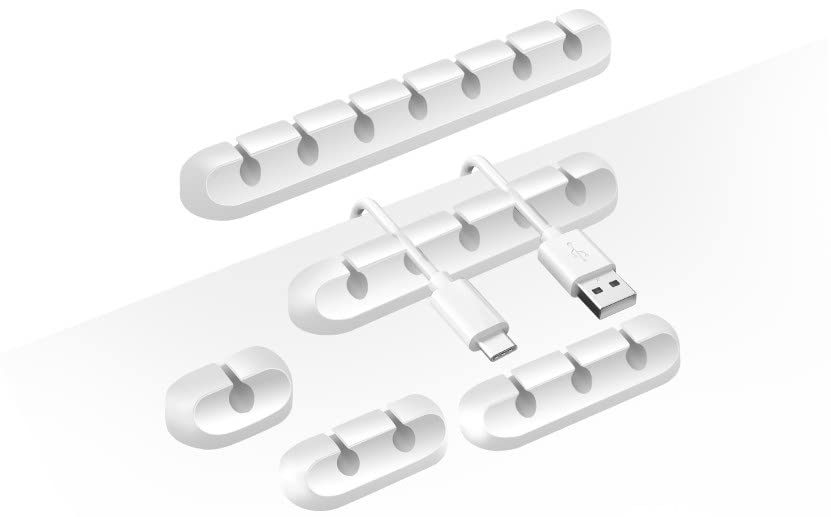 GreatQIQI White Cable Clips, 5-Pack Cable Management Cord Organizer Clips Silicone Self Adhesive for Desktop USB Charging Cable Nightstand Power Cord Mouse Cable Wire PC Office Home (12357 Slots)