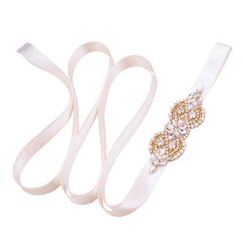 Crystal Bridal Belt for Wedding Gown, Wedding Dress Belts with Rhinestones and Pearls for Women (Off white)