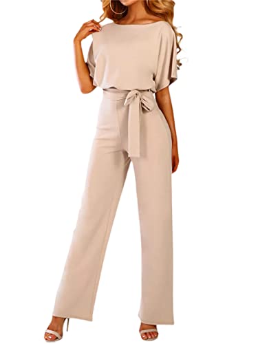 FeMereina Women's Casual Jumpsuits Loose Batwing Sleeve Crewneck Rompers Long Pants Belted Wide Legs Overall S-2XL