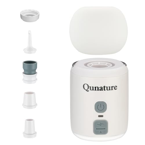 Qunature Mini Bomba de Aire Eléctrica 3 en 1 Portátil, Inflador y Desinflador para Colchones de Aire con Luz LED y Base Magnética, Ideal para Camping, Piscinas y Viajes, Blanco