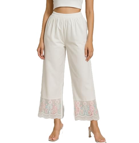 Image of TNQ Women Cotton Net Detailing Work Palazzo || Lace Palazzos || Flared Net Lace Palazzo for Women White