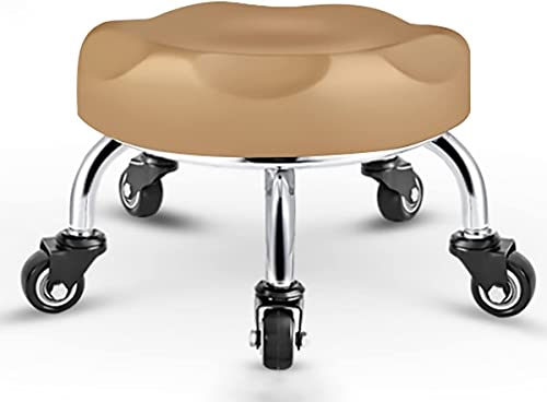 Taburete bajo con ruedas – Taburete pequeño de cuero con ruedas para oficina en casa y estudio – Rueda giratoria universal para una fácil movilidad – Asiento cómodo y versátil (marrón)