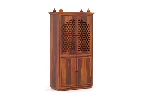 Image of Solid Sheesham Wood Temple for Home & Office /Mandir /God Stand /Pooja Stand /Home Mandap /Mandapam with Cabinet Doors & Multiple Storage (Honey-2, Large)