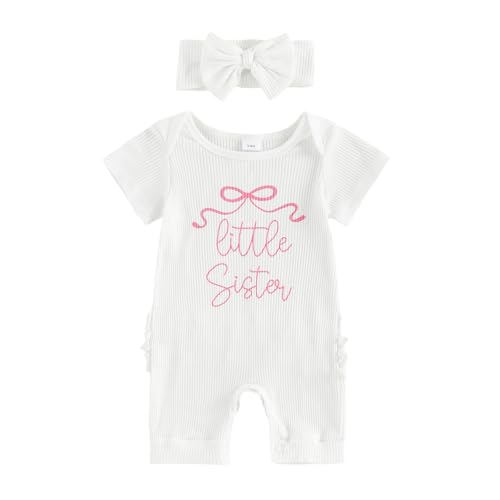 Image of SZMBCMYXRZY Newborn Baby Girl Summer Clothes Little Sister Onesie Outfit Short Sleeve Romper Jumpsuit Infant Clothes