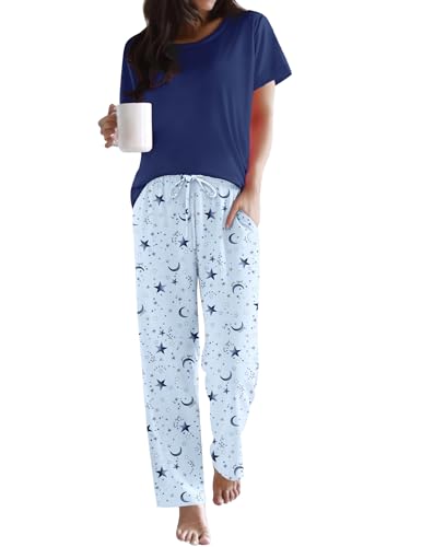 Image of Ekouaer Pajama Sets for Women Round Neck Pjs Short Sleeve Sleepwear with Long Pants Loose Lounge Sets