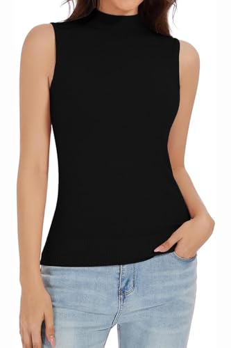Image of Sleeveless Mock Neck Knit Tops for Women Slim Fit Turtleneck Sweater Vest Business Work Tank Pullover